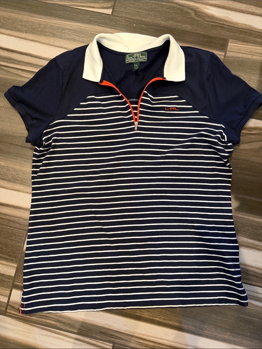 Ralph Lauren Navy & White Striped Polo with Orange Zip